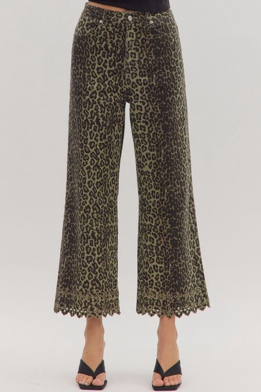 Olive Leopard Embroidery Hem Pants
