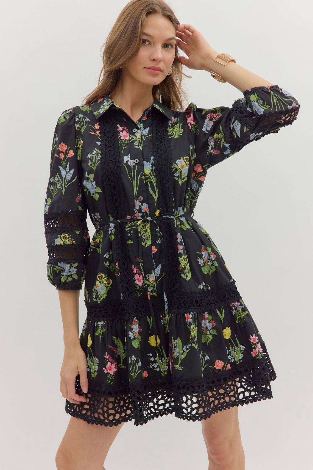 Black Puff Sleeve Ruffle Hem Floral Dress