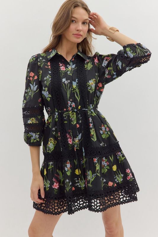 Black Puff Sleeve Ruffle Hem Floral Dress