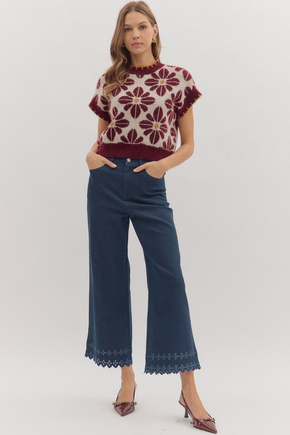 Dark Navy Petite Pants with Embroidered Hem