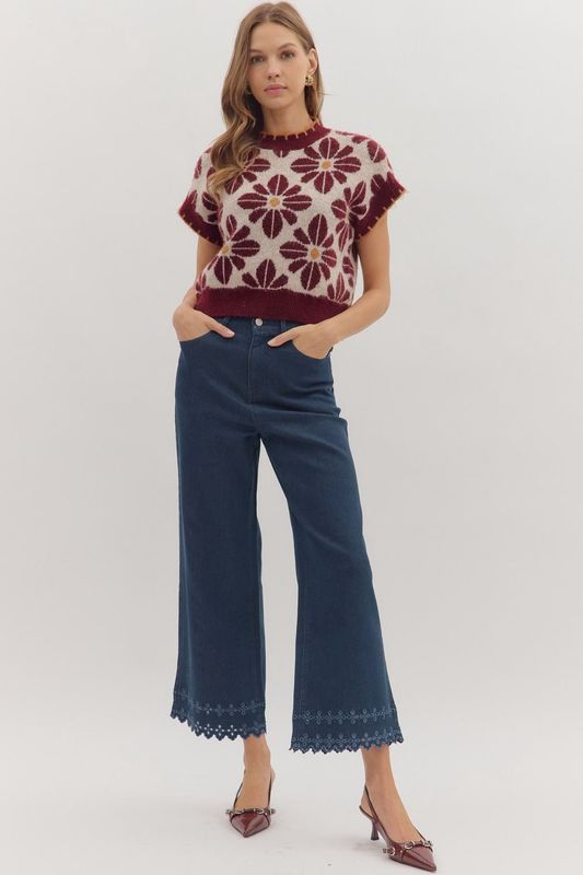 Dark Navy Petite Pants with Embroidered Hem
