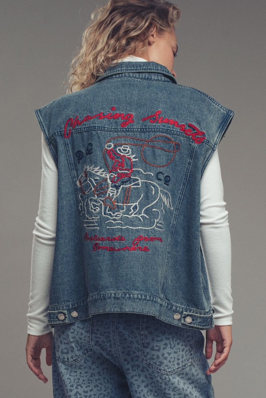 Western Sunset Embroidered Vest - Denim