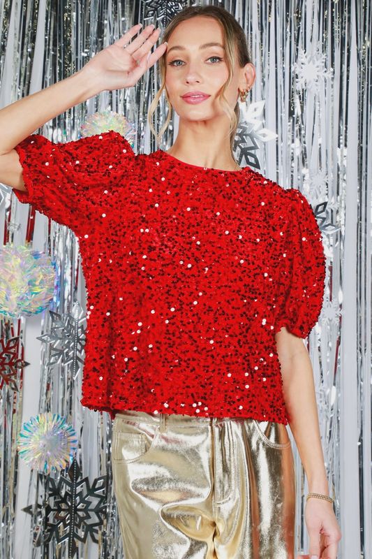Sequin Accent Puff Sleeve Blouse - Red