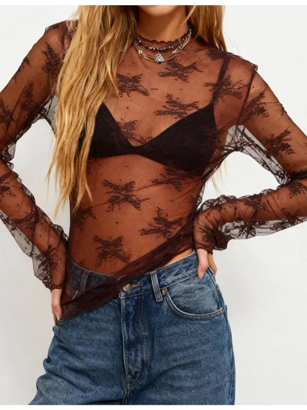 Lux Layering Floral Lace Mesh Top - Brown