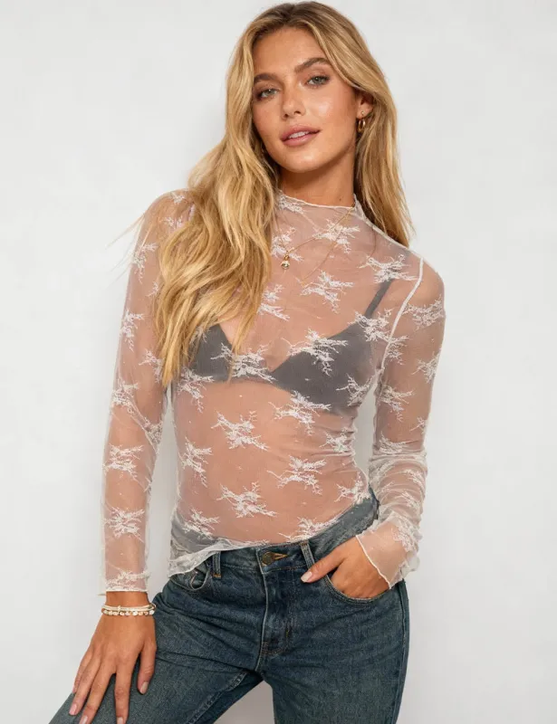 Lux Layering Floral Lace Mesh Top - White