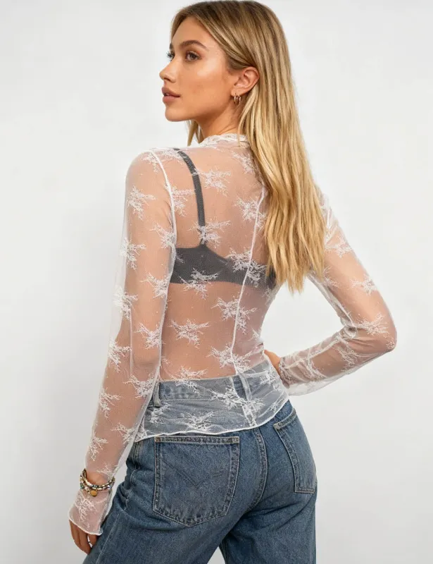 Lux Layering Floral Lace Mesh Top - White