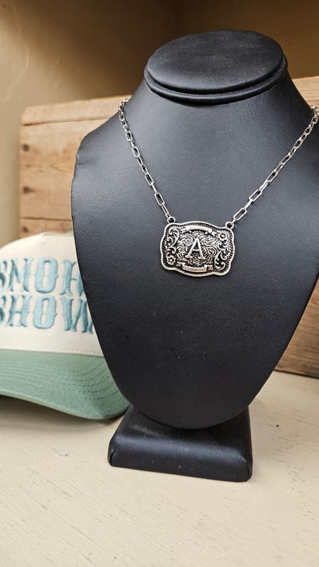 Silver Western Belt Buckle Initial Necklace