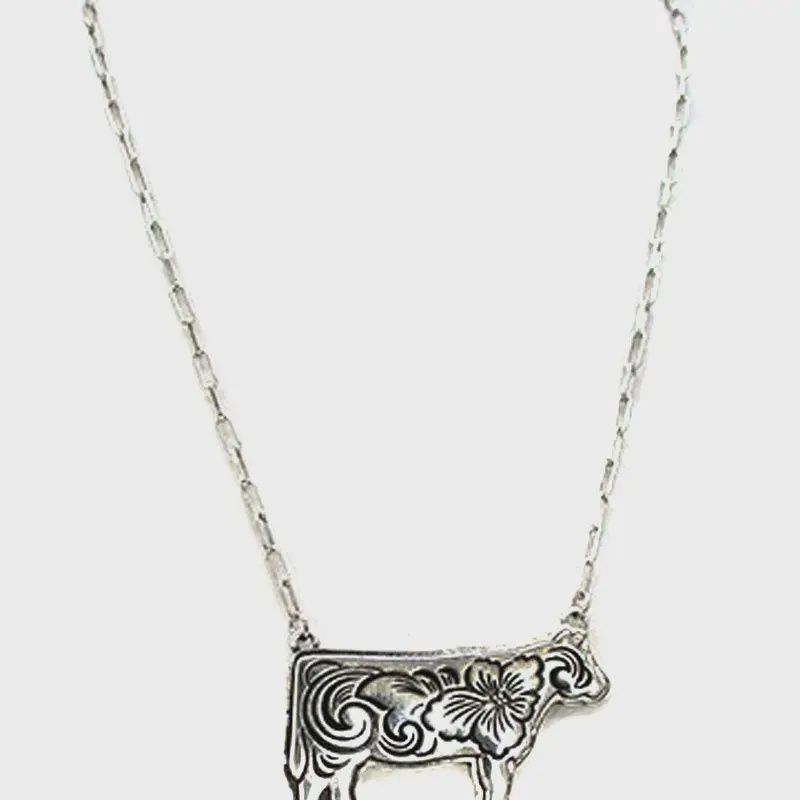 Western Etched Cow Necklace