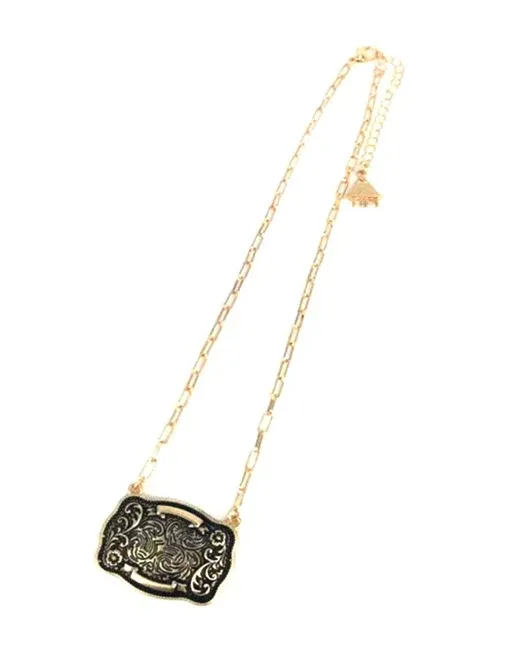 Gold Western Belt Buckle Initial Necklace