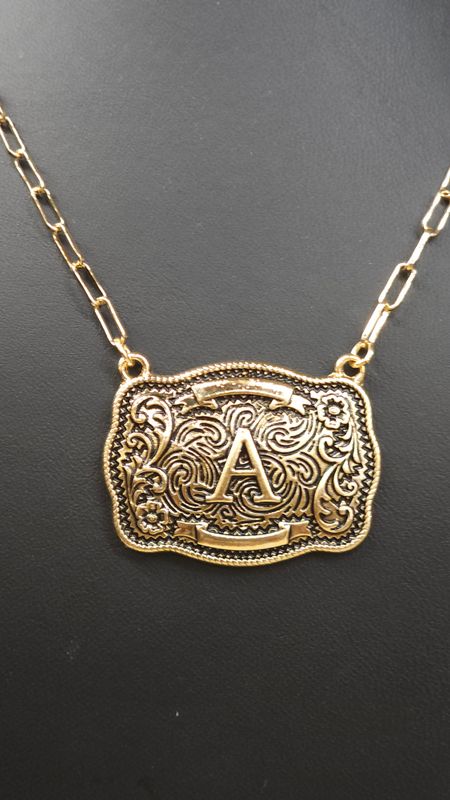 Gold Western Belt Buckle Initial Necklace