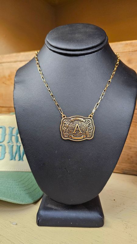 Gold Western Belt Buckle Initial Necklace