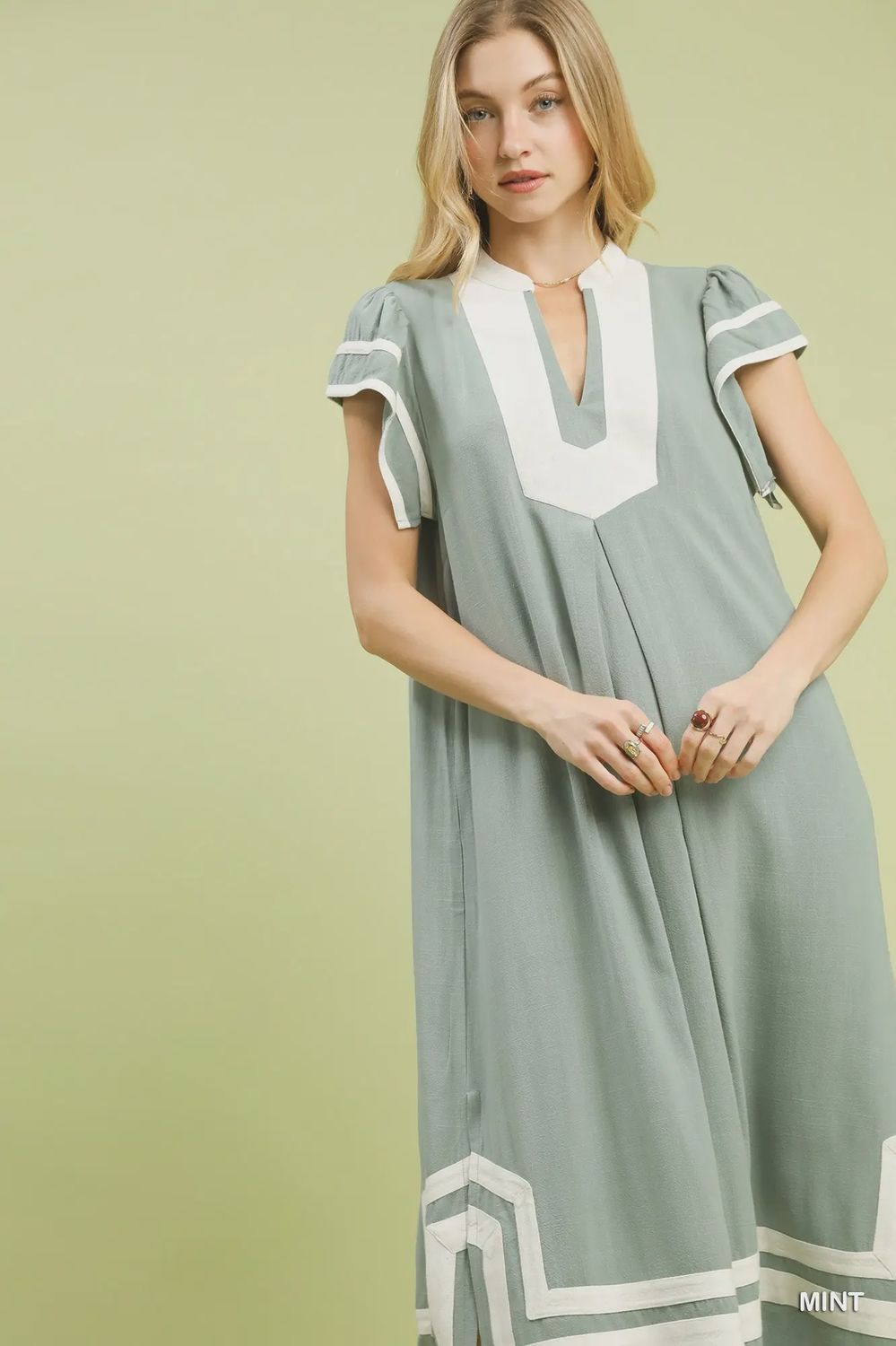 Linen Cotton Dress with Contrast Neckline - Mint
