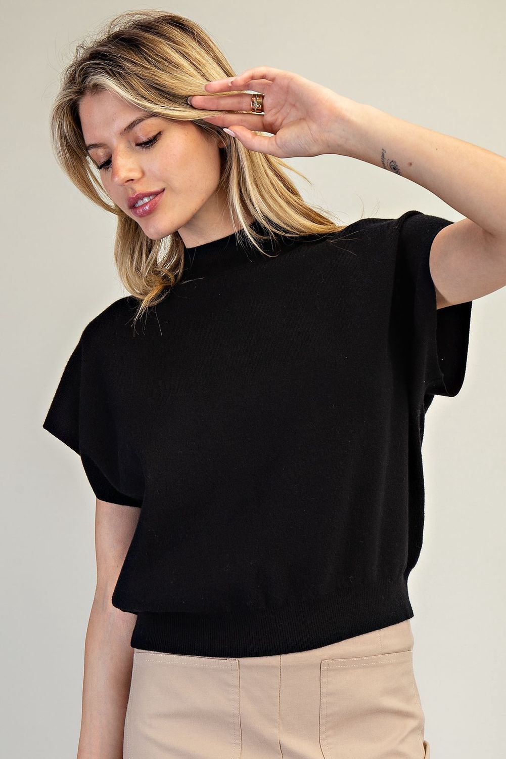 Mock Neck Short Sleeve Top - Black