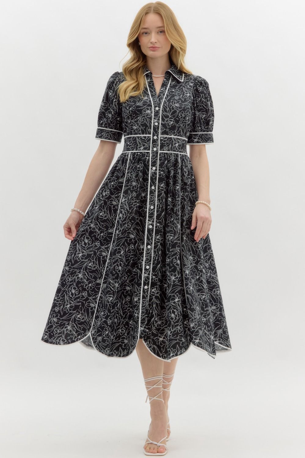 Black &amp; White Floral Print Midi Dress