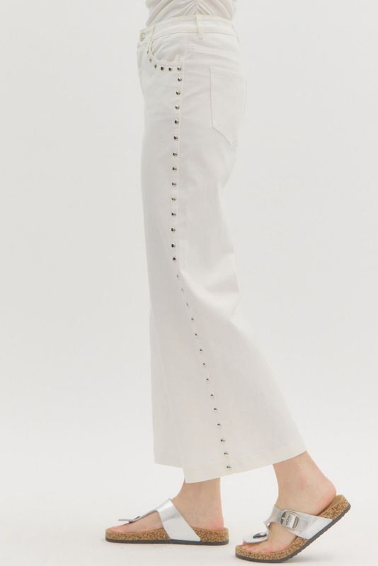 White Denim Pants with Silver Stud Accents