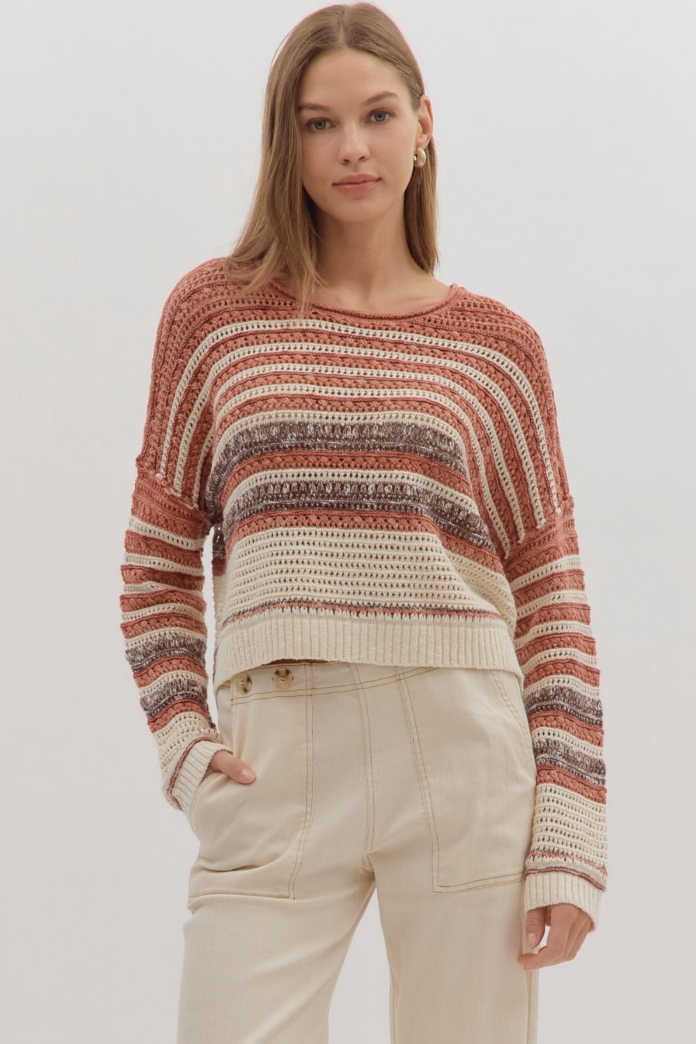 Drop Shoulder Knit Top with Long Sleeves - Brick
