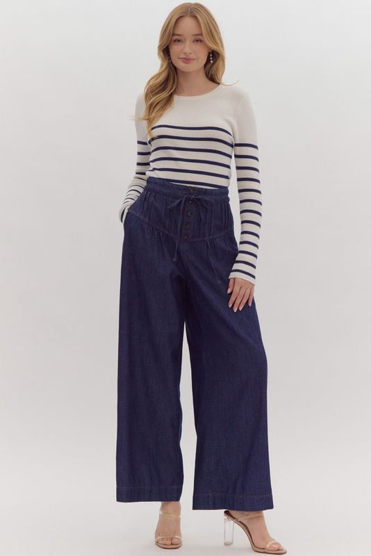 High Waisted Wide Leg Dark Denim Pants
