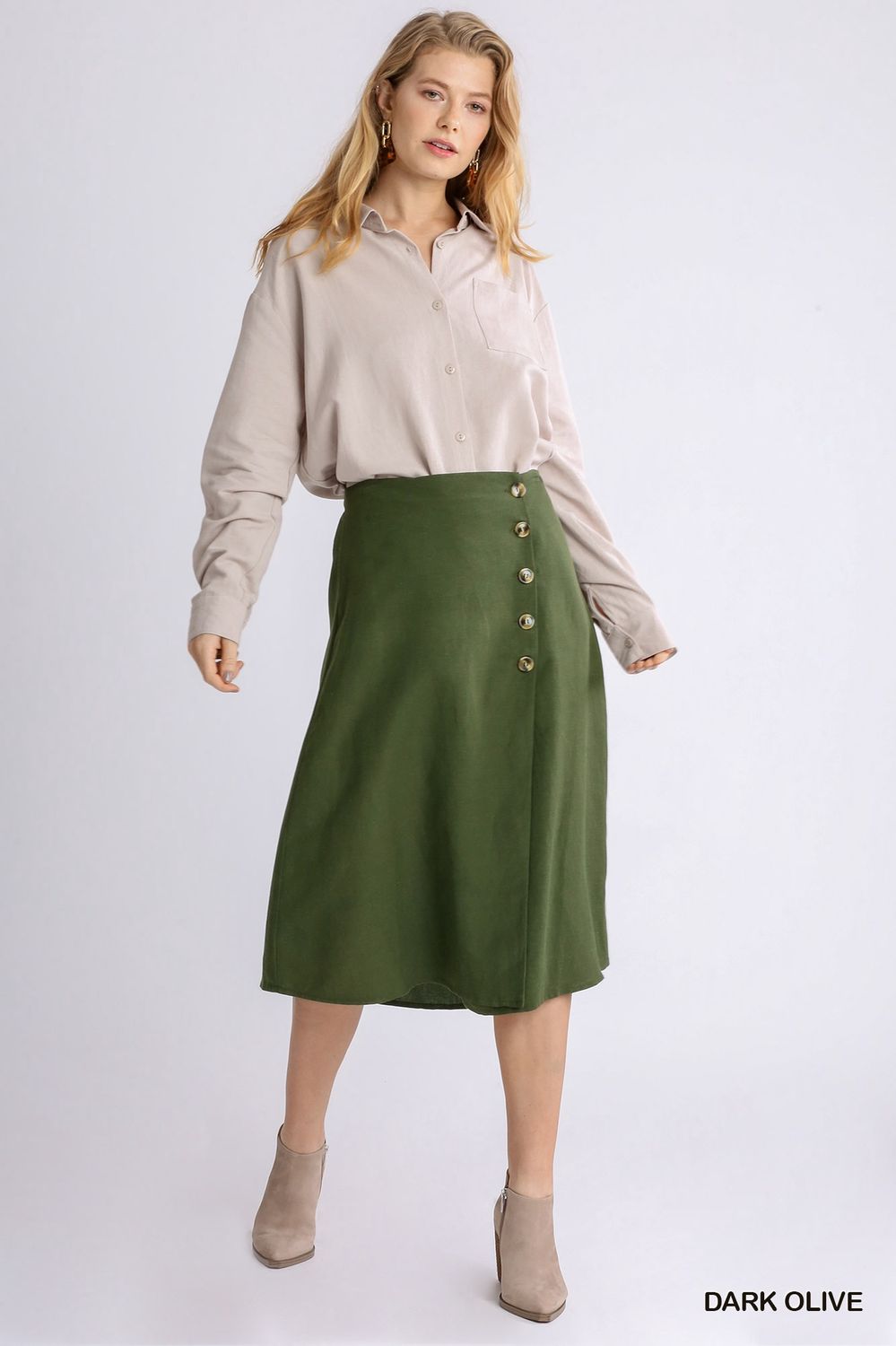 Linen Blend Midi Wrap Skirt - Olive