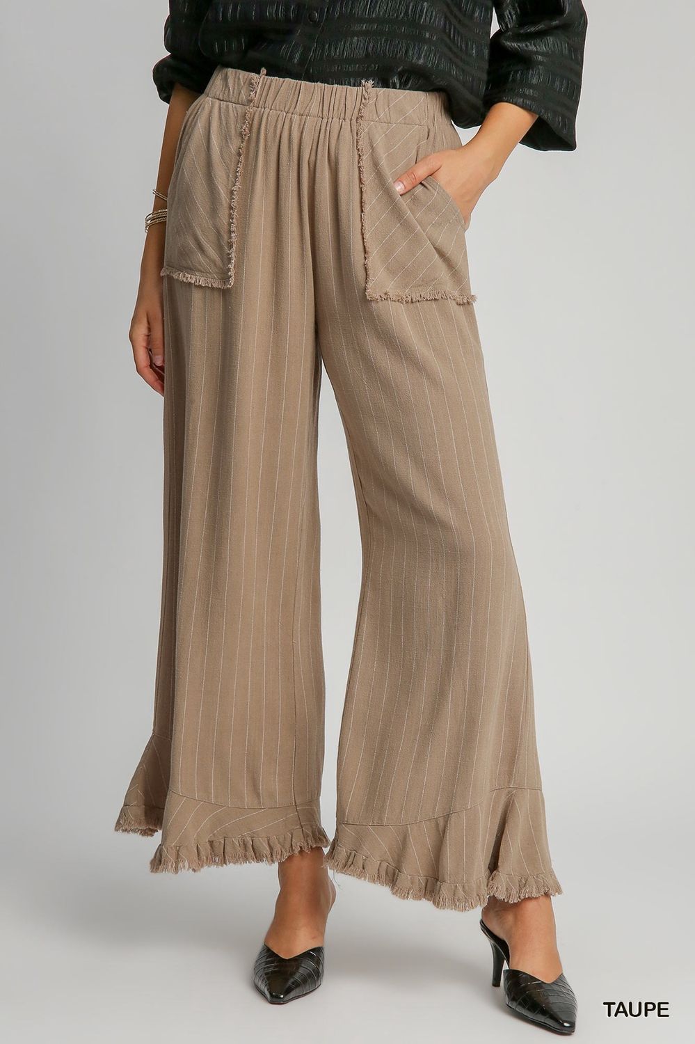 Ruffle Hem Linen Stripe Pants