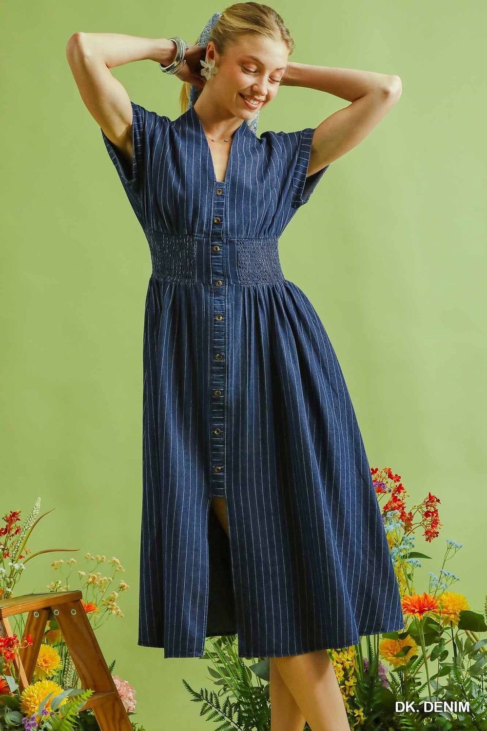 Dark Denim Pinstripe Smocked Waist Midi Dress