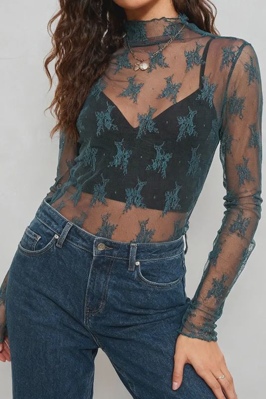 Lux Layering Floral Lace Mesh Top - Turquoise