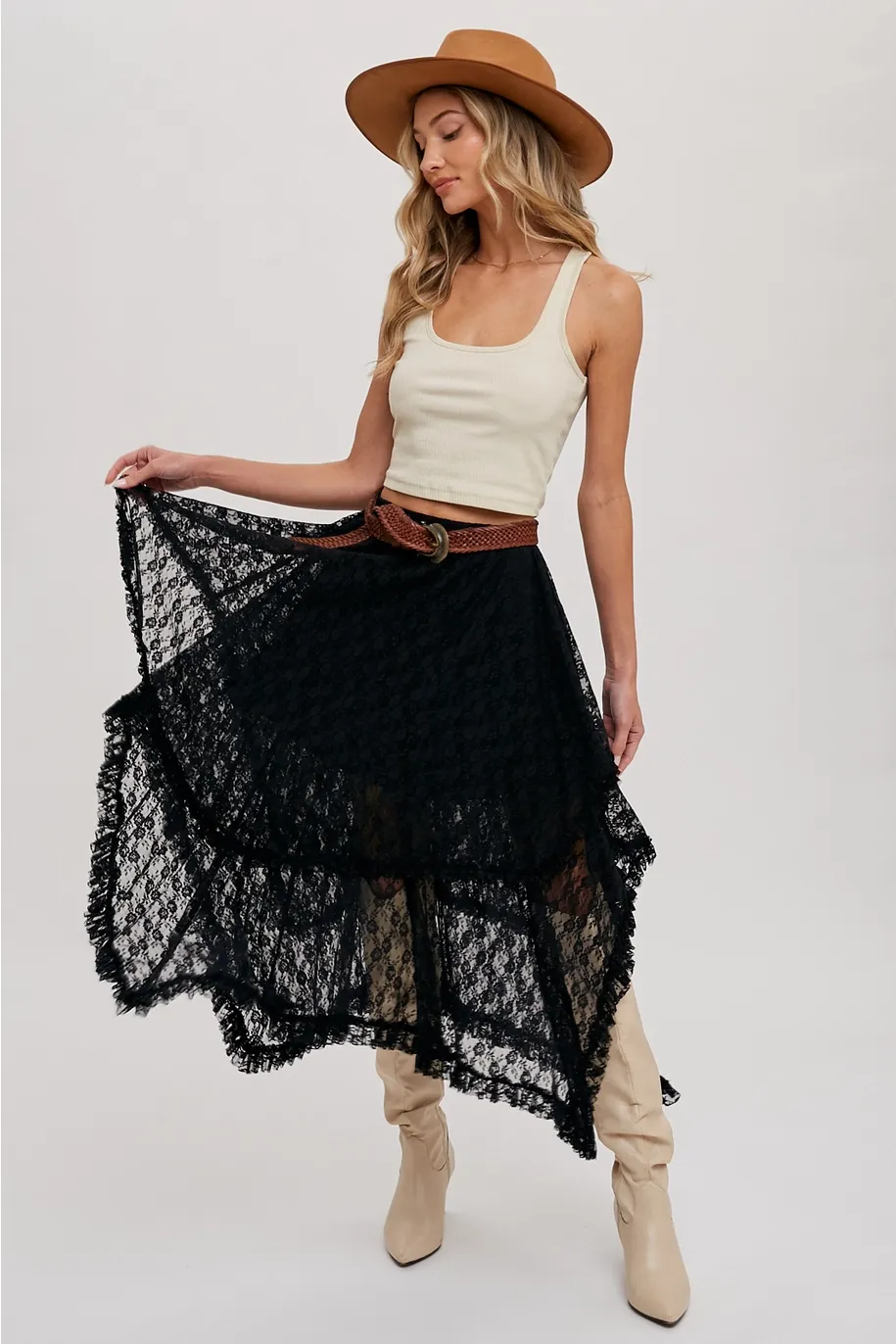 Lace Tier Midi Skirt - Black