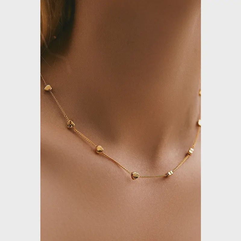 18K Stainless Steel Tarnish Free Heart Station Necklace