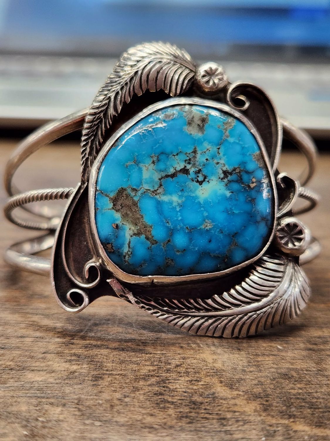 Vintage Navajo Silver Cuff with Blue Gem Turquoise and Feathers