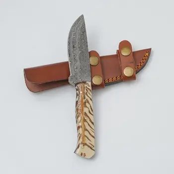 Handmade Damascus Steel Knife with Camel Bone Handle &amp; Leather Sheath