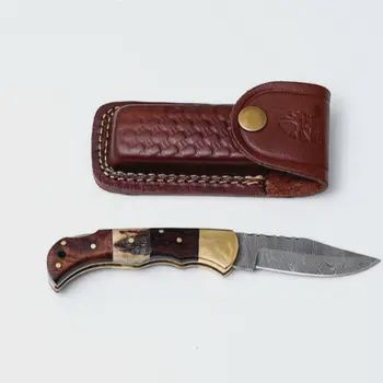 Pocket Knife Walnut Wood &amp; Stag 6.5'' Damascus Steel