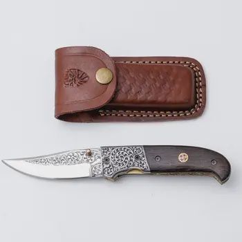 Hand-Engraved Folding Knife with Leather Sheath – Damascus-Inspired Detailing