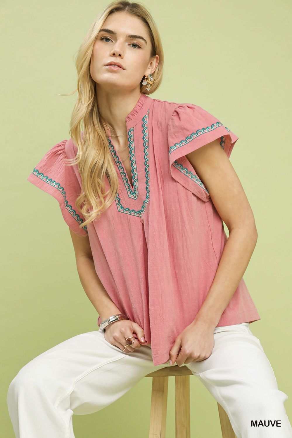 Embroidered Flutter Sleeve Blouse - Mauve