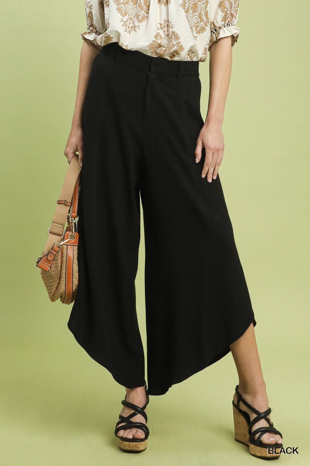 Flowy Asymmetrical Hem Wide Leg Pants - Black