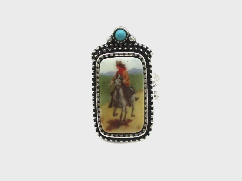 Western Cowboy Riding Portrait Cuff Ring