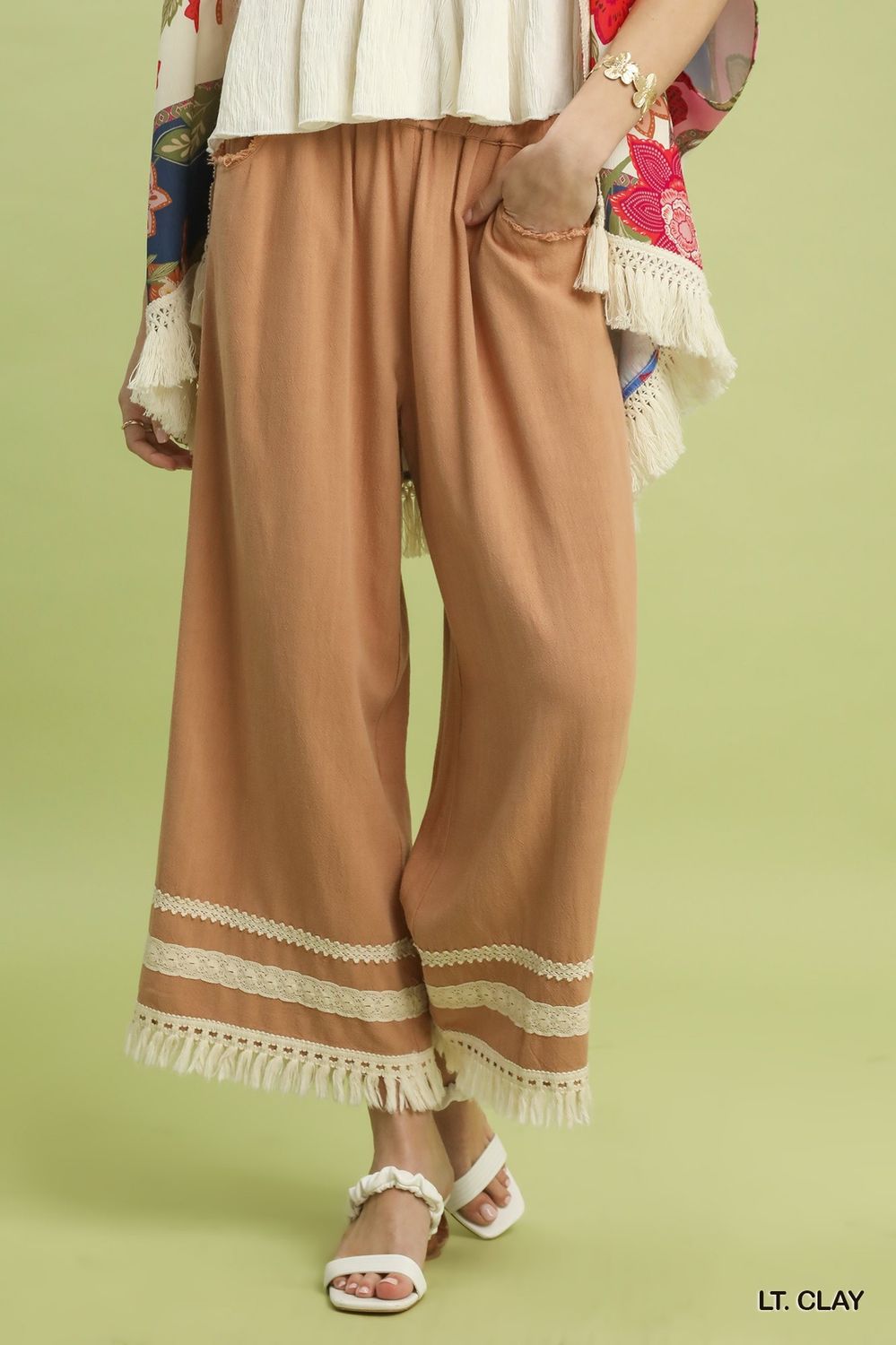 Lace Trim Fringe Hem Wide Leg Pants