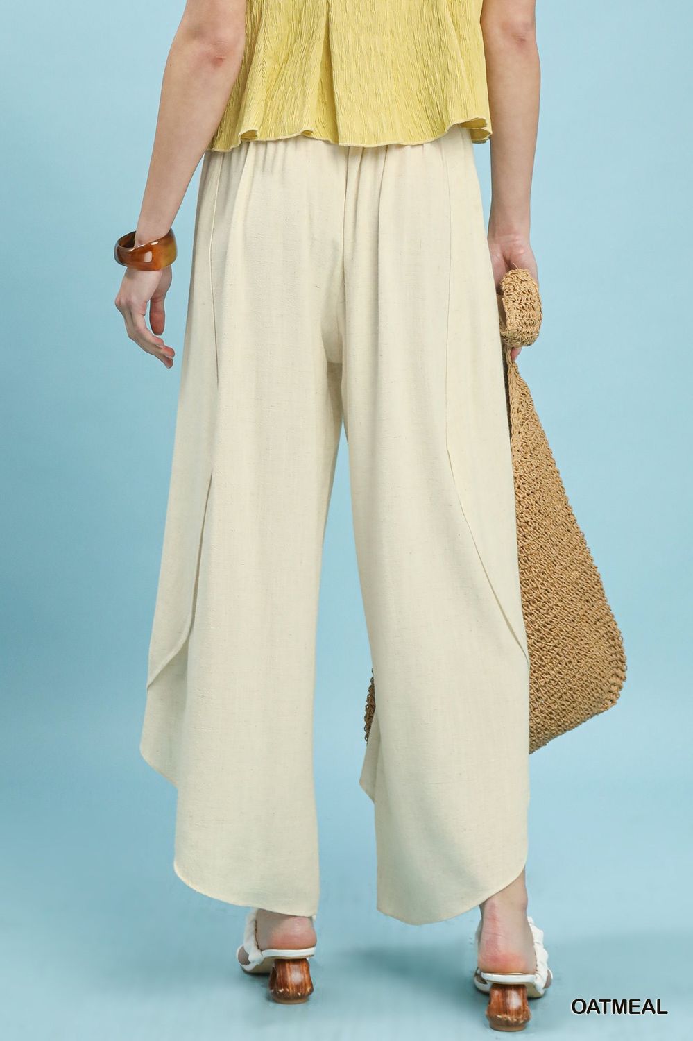 Flowy Asymmetrical Hem Wide Leg Pants - Oatmeal