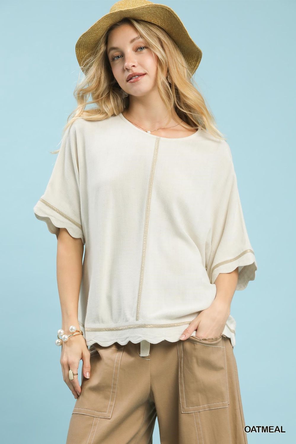 Linen Blend Scallop Trim Top