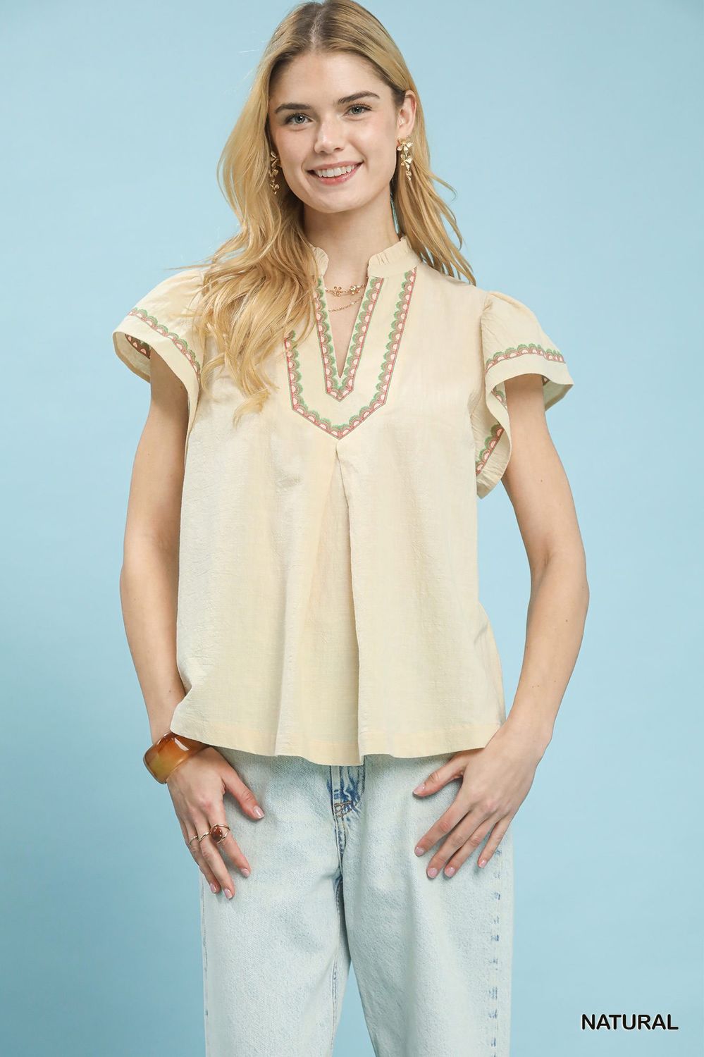 Embroidered Flutter Sleeve Blouse - Cream