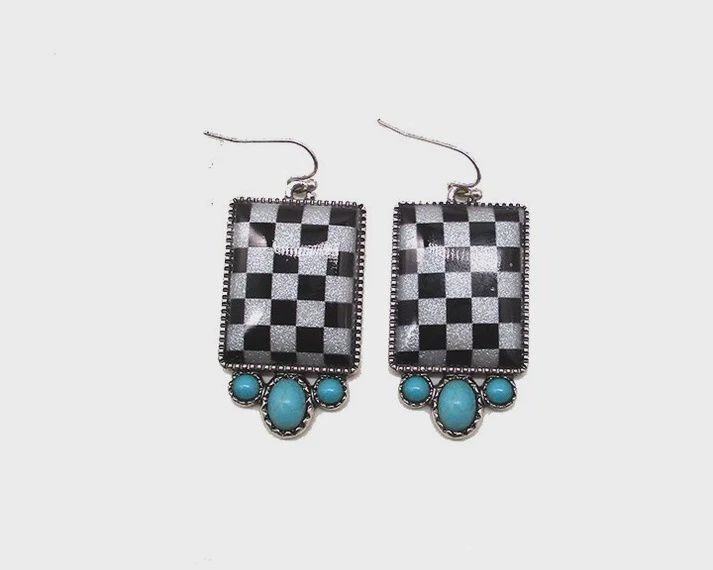 Western Checker Board and Turquoise Earrings