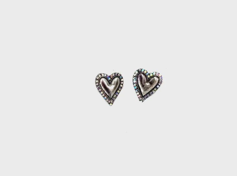 Western Crystal Stone Bubble Heart Earrings, Color: Silver