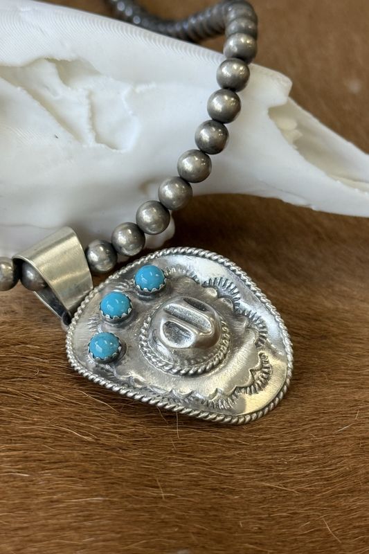 Silver Cowboy Hat Pendant with Turquoise