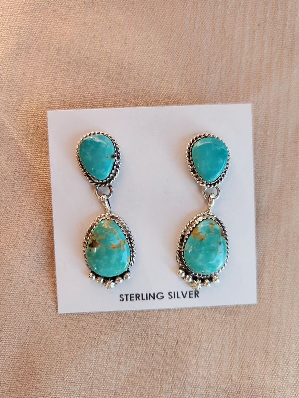2 Stone Drop Dangle Turquoise &amp; Silver Earrings