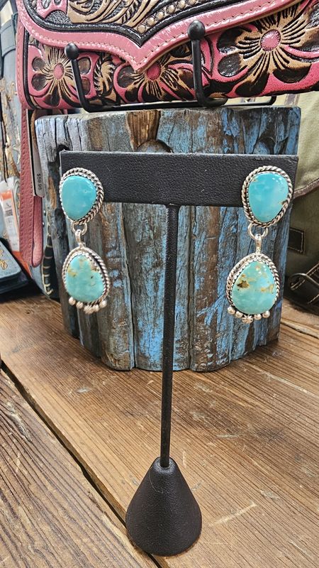 2 Stone Drop Dangle Turquoise &amp; Silver Earrings