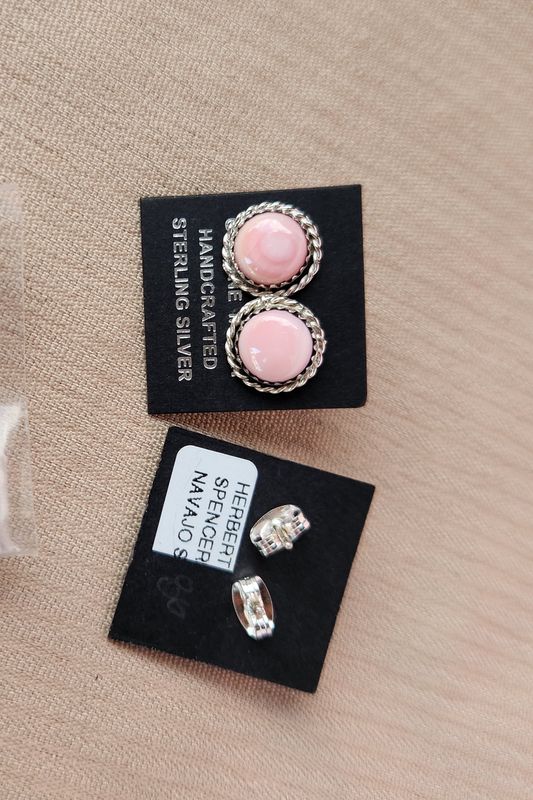 Round Pink Stone &amp; Silver Earrings