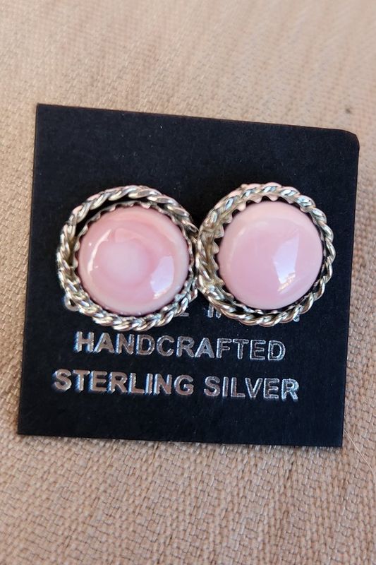Round Pink Stone &amp; Silver Earrings