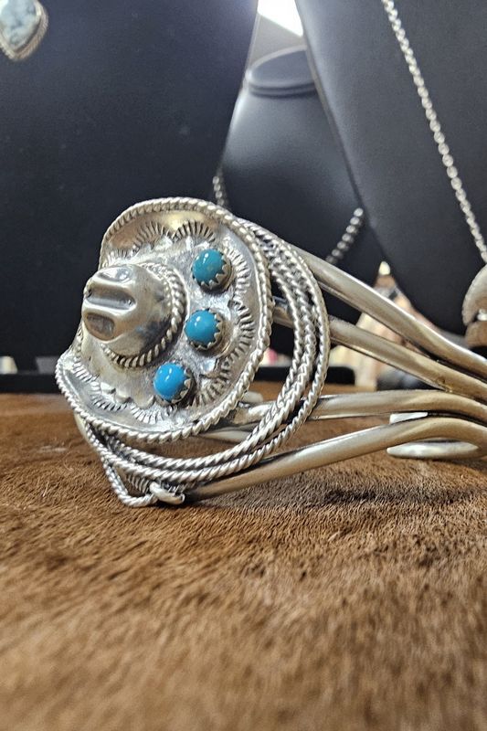 Silver &amp; Turquoise Cowboy Hat &amp; Rope Cuff Bracelet