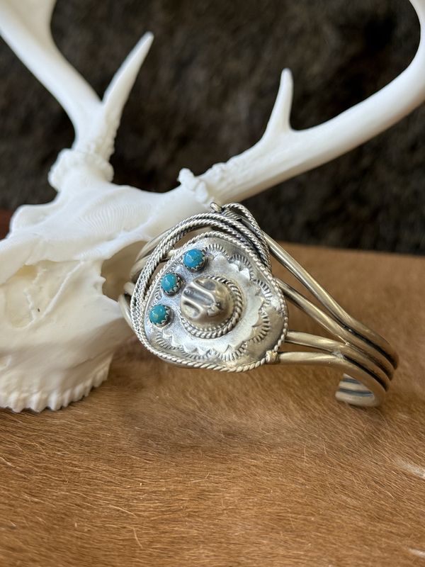 Silver &amp; Turquoise Cowboy Hat &amp; Rope Cuff Bracelet