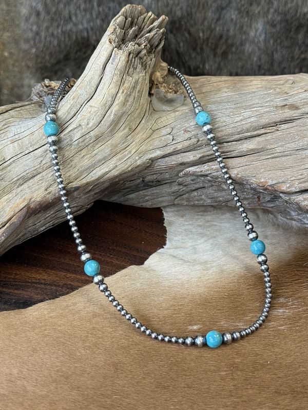 18" Turquoise &amp; Silver Navajo Pearl Necklace