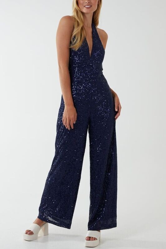 HALTERNECK SEQUIN PLUNGE JUMPSUIT