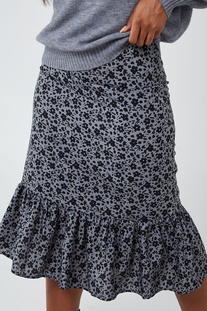 FLORAL PRINT GATHERED TIERED MIDI SKIRT